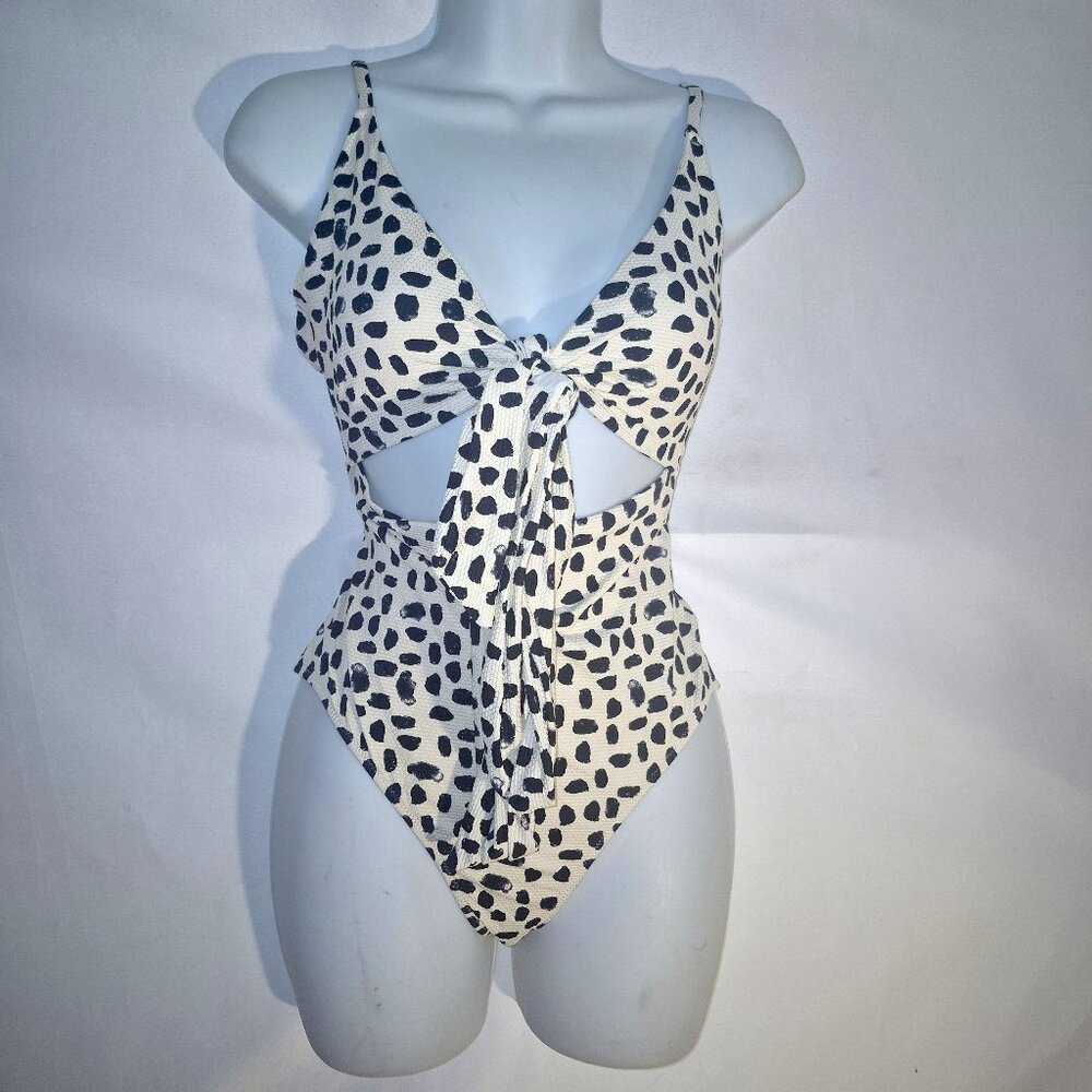 AERIE stylish one-piece swimsuit, cream w/ leopard design, ties in front, size M